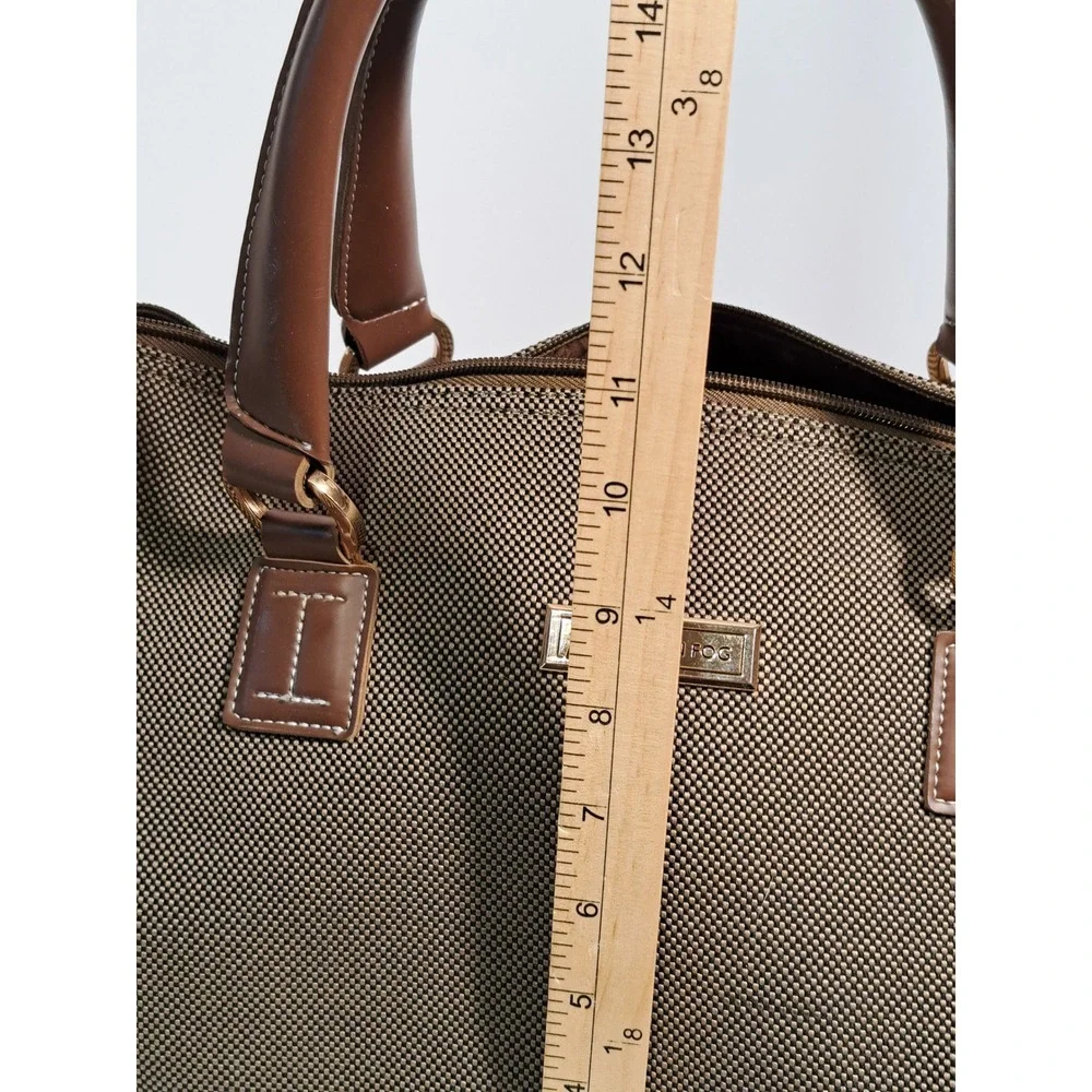 London Fog Brown Woven Satchel Bag Faux Leather Trim Gold Hardware Medium